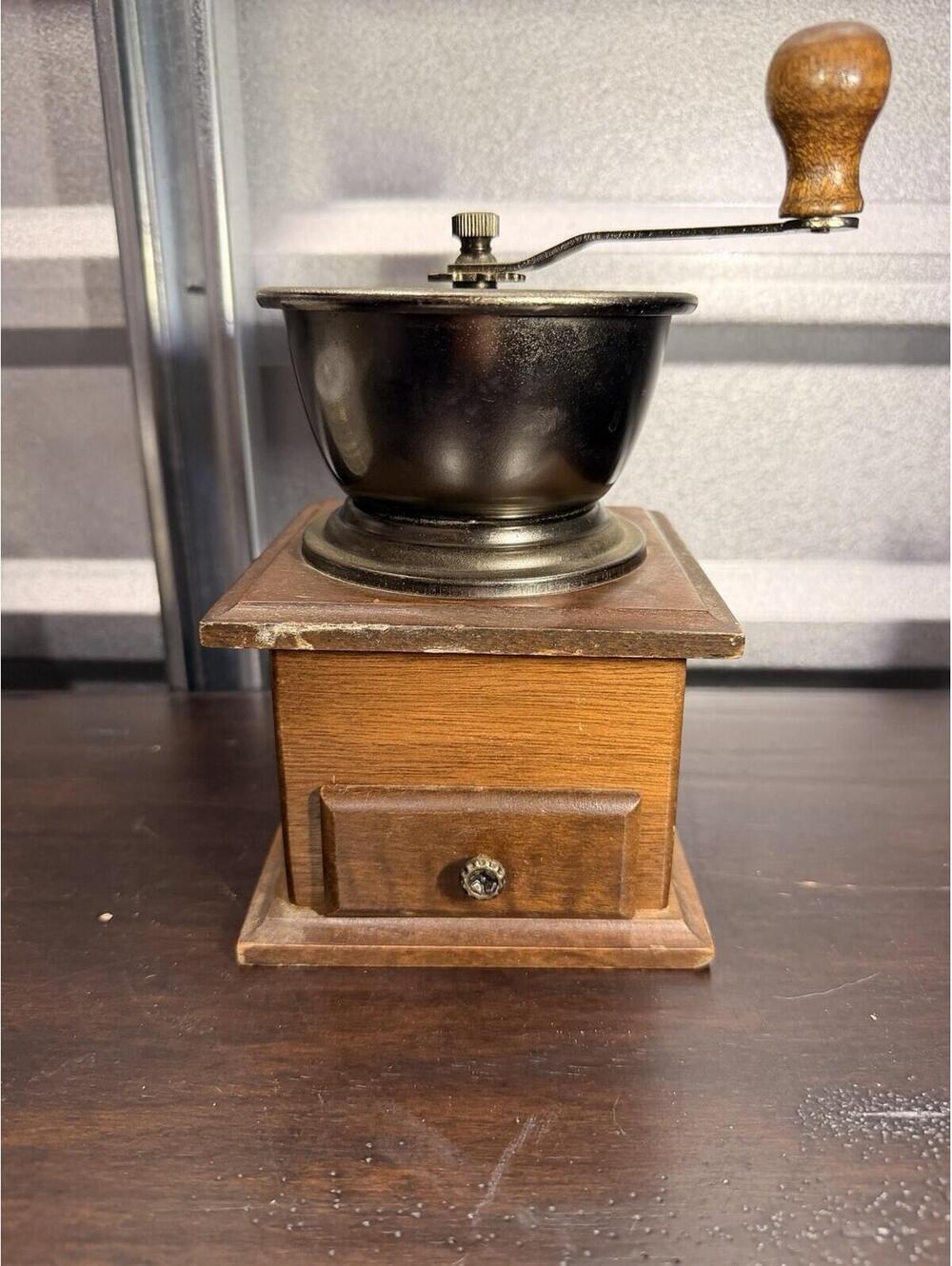 wooden metal Coffee Grinder Vintage Hand Crank Manual With Drawer *